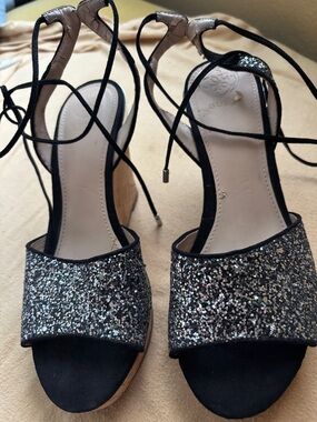 Guess Black and Silver Glitter Lace-Up Platform Heels